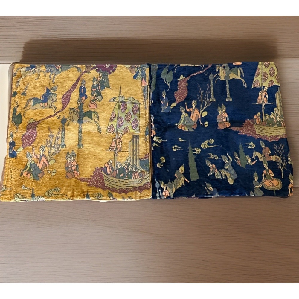 Vintage Pillow Covers Persian Folklore Novelty Print Scenes Turkey Blue Gold TWO - Picture 4 of 7
